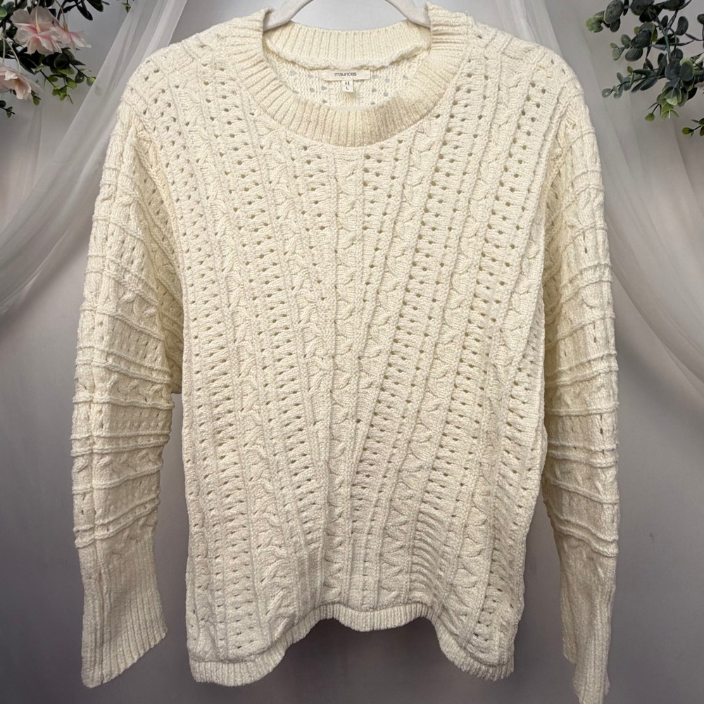 Maurices Ivory Chenille Cable Knit Sweater Womens Large Cream Pointelle Pullover